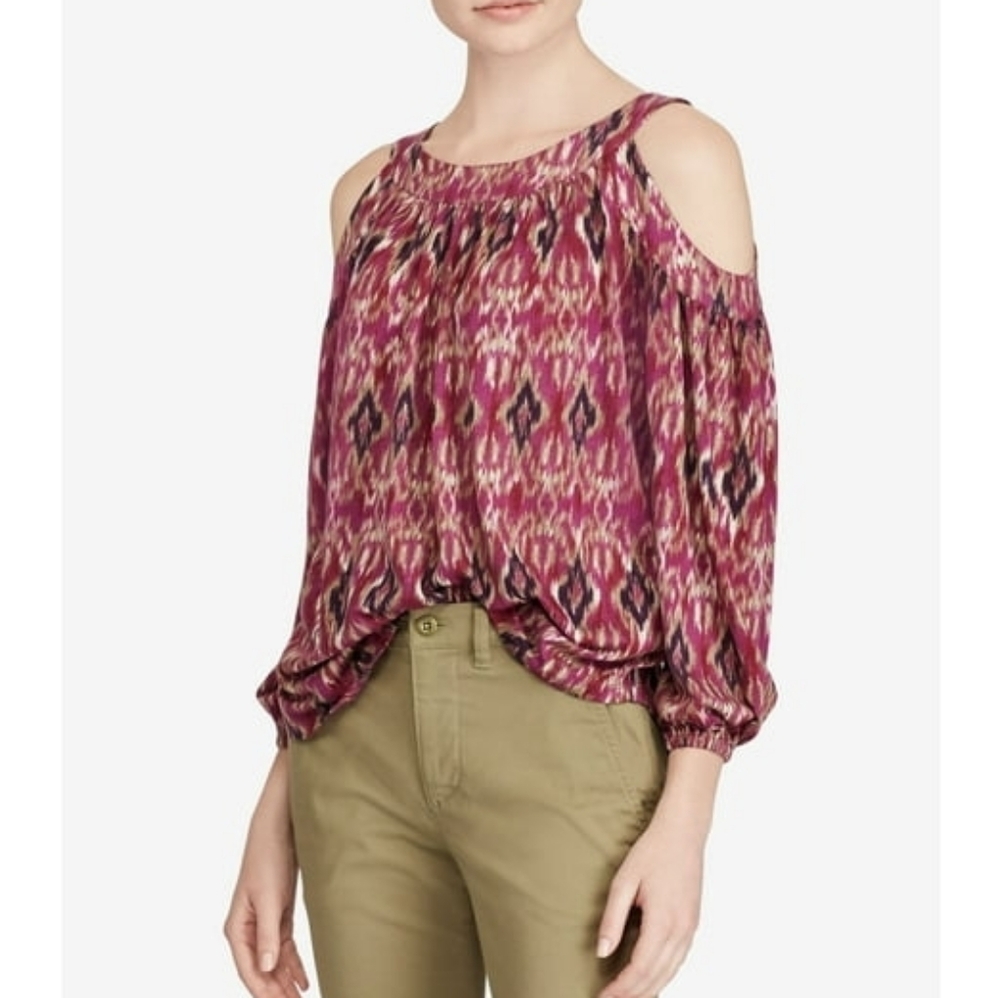 LAUREN RALPH LAUREN Kazlas Ikat Print Cold Shoulder Blouse | SZ PS